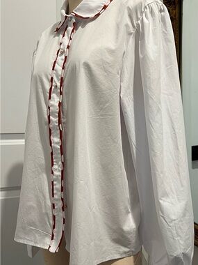 White Button-Down Shirt with Red Trim
